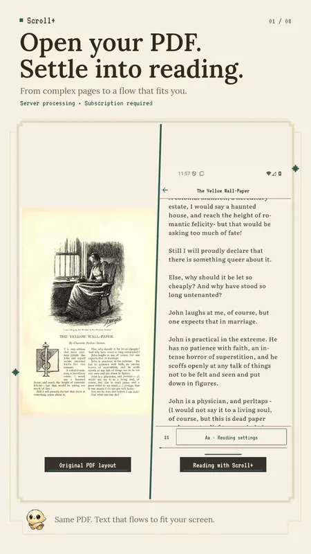 The same PDF page in its original layout and as flowing text in Scroll+