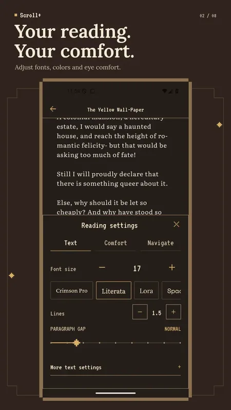 Scroll+ reading settings with font, size, line spacing and paragraph gap controls