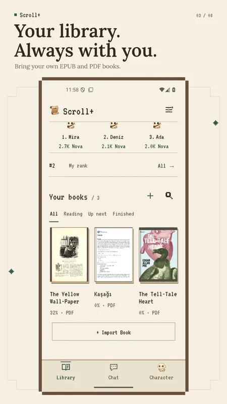 Scroll+ library with imported EPUB and PDF books and reading progress