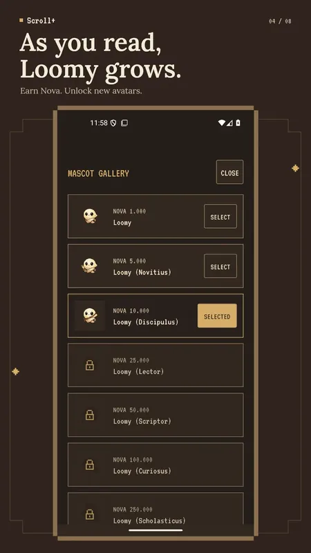Scroll+ mascot gallery with Loomy avatars unlocked by Nova