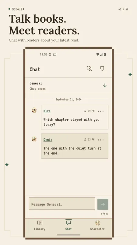 Scroll+ book chat room with messages from readers