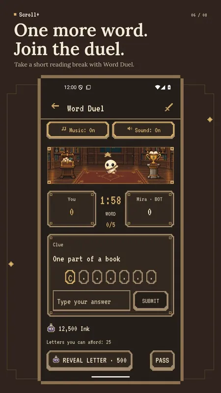 Scroll+ Word Duel match with a clue, a timer and the Ink balance