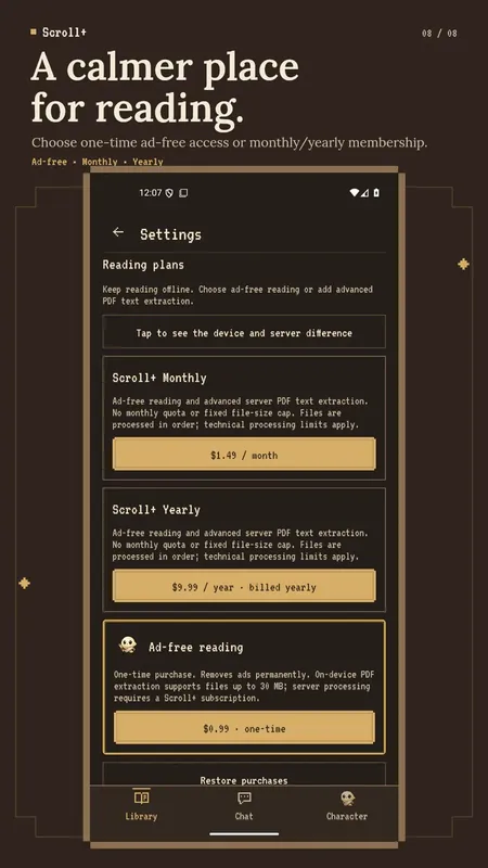 Scroll+ plans: monthly and yearly membership and one-time ad-free access