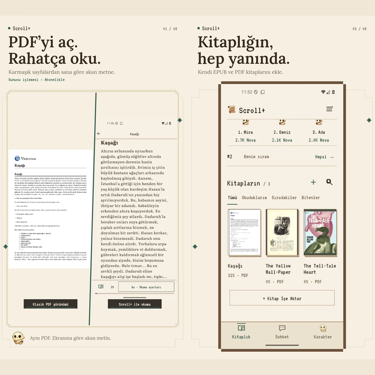 İki Scroll+ Android ekranı: akan metne dönüşen bir PDF sayfası ve kitaplık