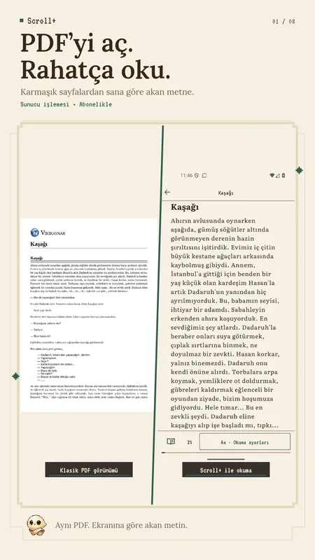 Aynı PDF sayfası özgün düzeniyle ve Scroll+ içinde akan metin olarak