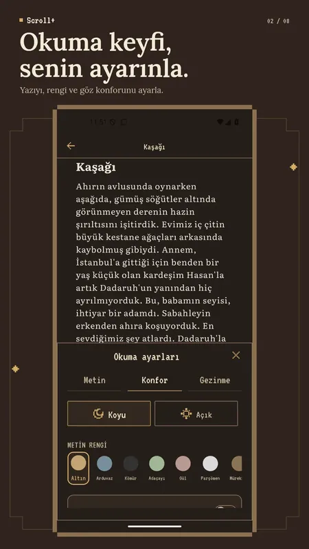 Yazı tipi, boyut, satır aralığı ve paragraf boşluğu ayarlarıyla Scroll+ okuma ayarları