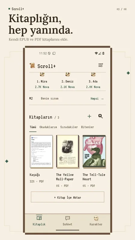 Eklenmiş EPUB ve PDF kitaplar ve okuma ilerlemesiyle Scroll+ kitaplığı