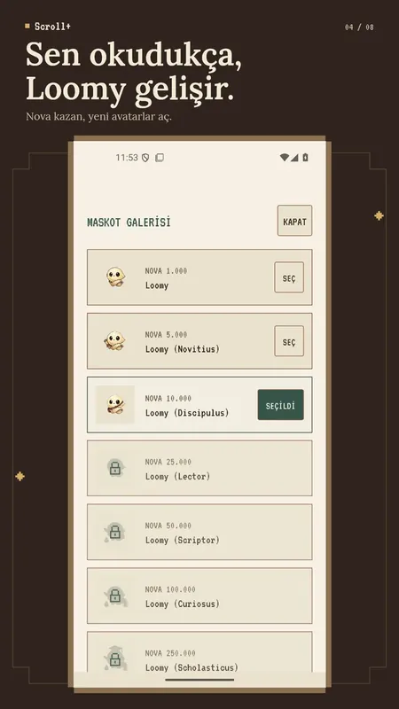 Nova ile açılan Loomy avatarlarının bulunduğu Scroll+ maskot galerisi