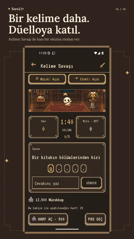 İpucu, süre ve Mürekkep bakiyesiyle bir Scroll+ Kelime Düellosu maçı