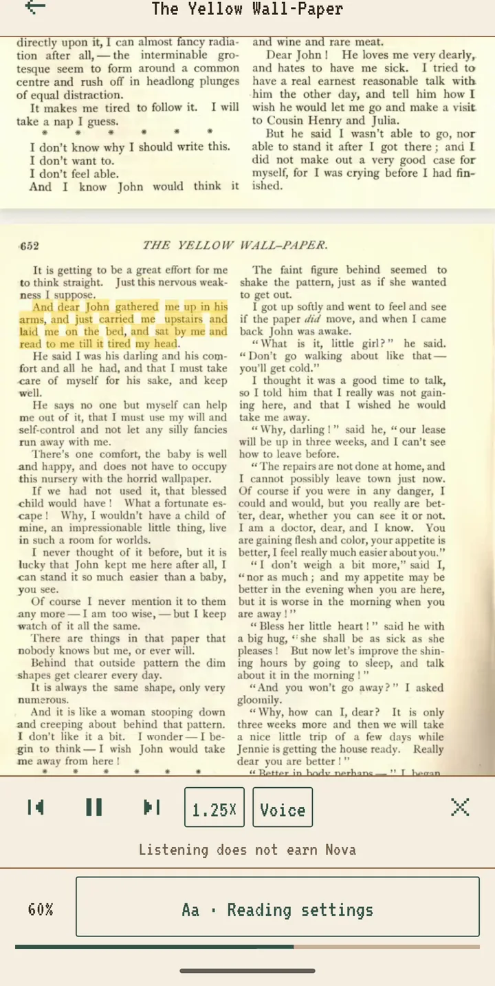 Scroll+ reading a PDF aloud: the spoken sentence is highlighted, with speed and voice controls below